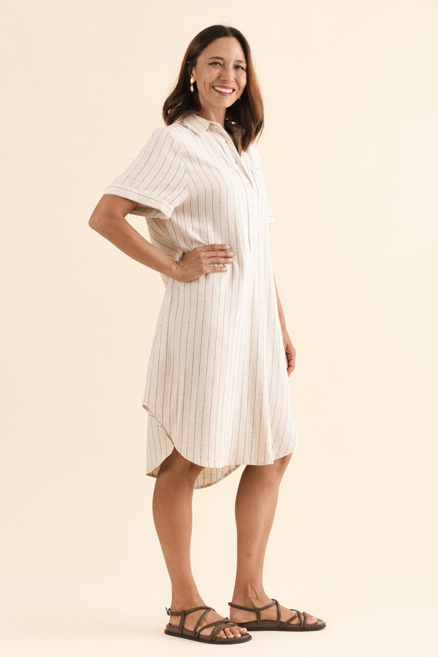 Kareem Beige Stripe Cotton Collared Dress,Side,Brunette model,alt text|model:Cara image 3