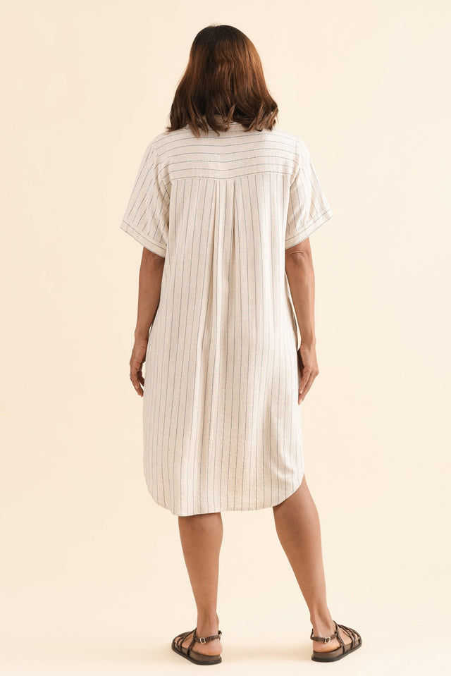 Kareem Beige Stripe Cotton Collared Dress,Back,Brunette model,alt text|model:Cara image 4