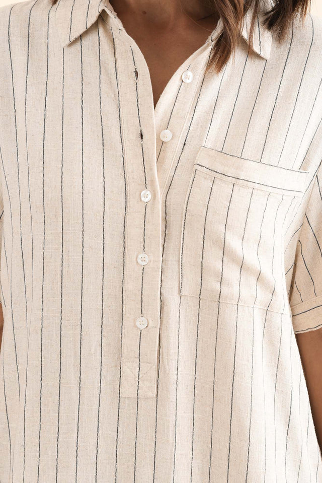 Kareem Beige Stripe Cotton Collared Dress,Detail,Brunette model,alt text|model:Cara image 5