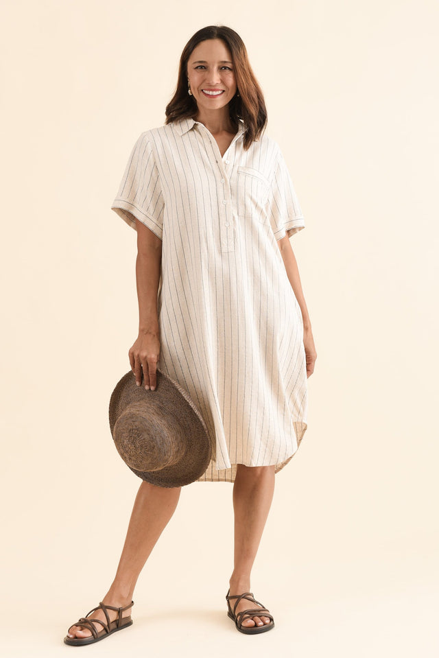 Kareem Beige Stripe Cotton Collared Dress,Front,Brunette model,alt text|model:Cara image 1