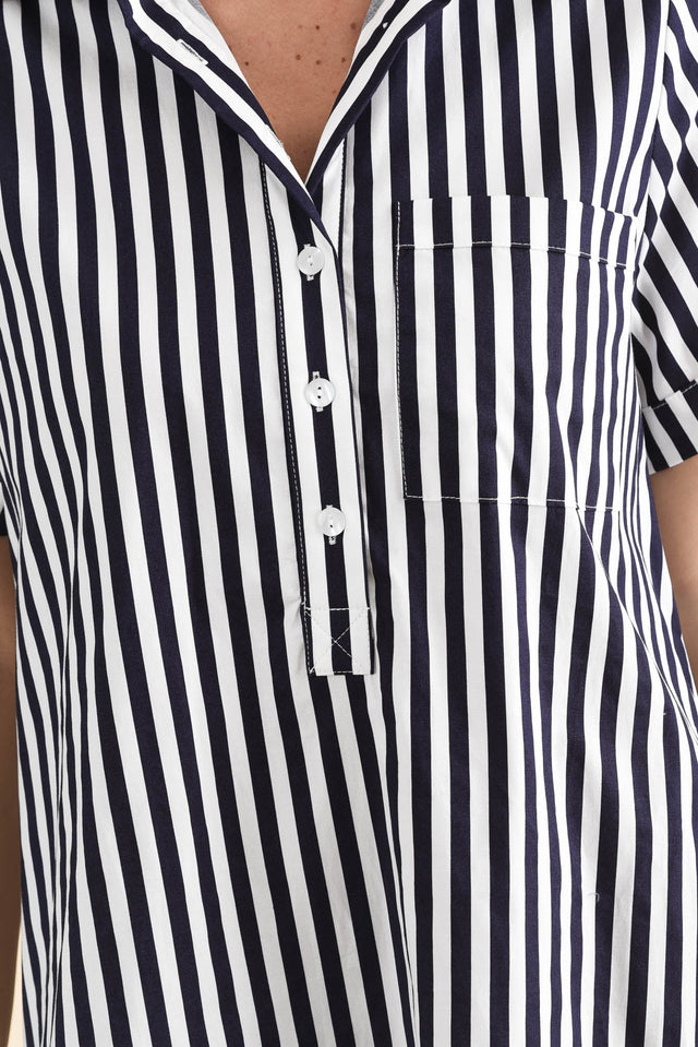 Kareem Navy Stripe Cotton Collared Dress,Detail,Brunette model,alt text|model:MJ image 5