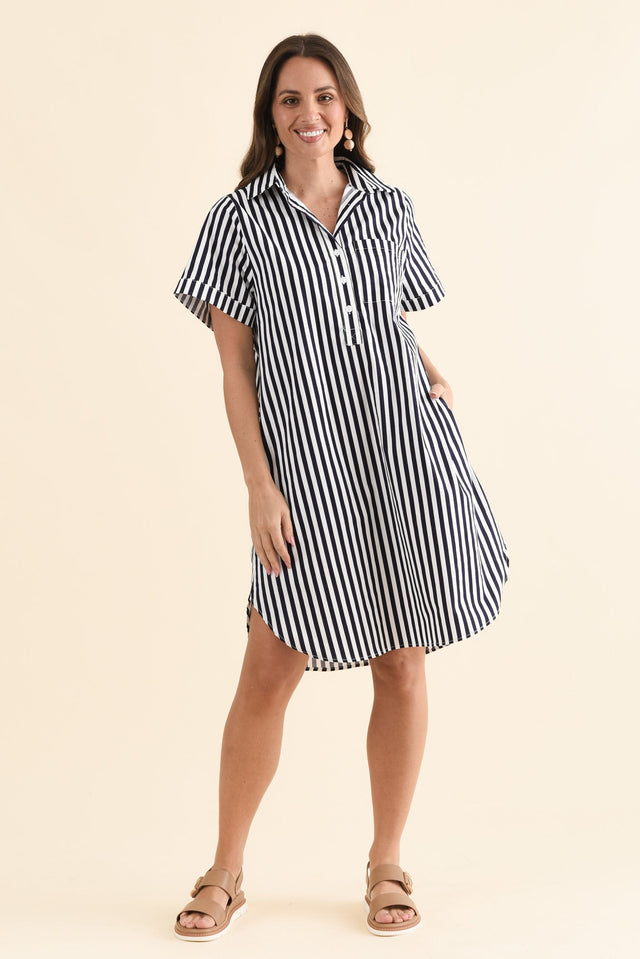 Kareem Navy Stripe Cotton Collared Dress,Full Body,Brunette model,alt text|model:MJ image 2