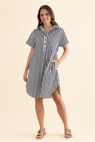 Kareem Navy Stripe Cotton Collared Dress