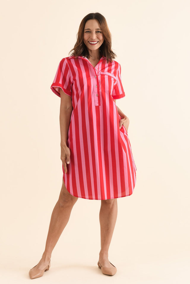 Kareem Red Stripe Cotton Collared Dress,Front,Brunette model,alt text|model:Cara