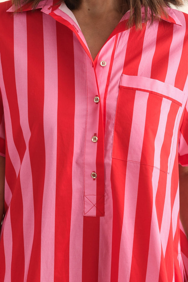 Kareem Red Stripe Cotton Collared Dress,Detail,Brunette model,alt text|model:Cara image 6