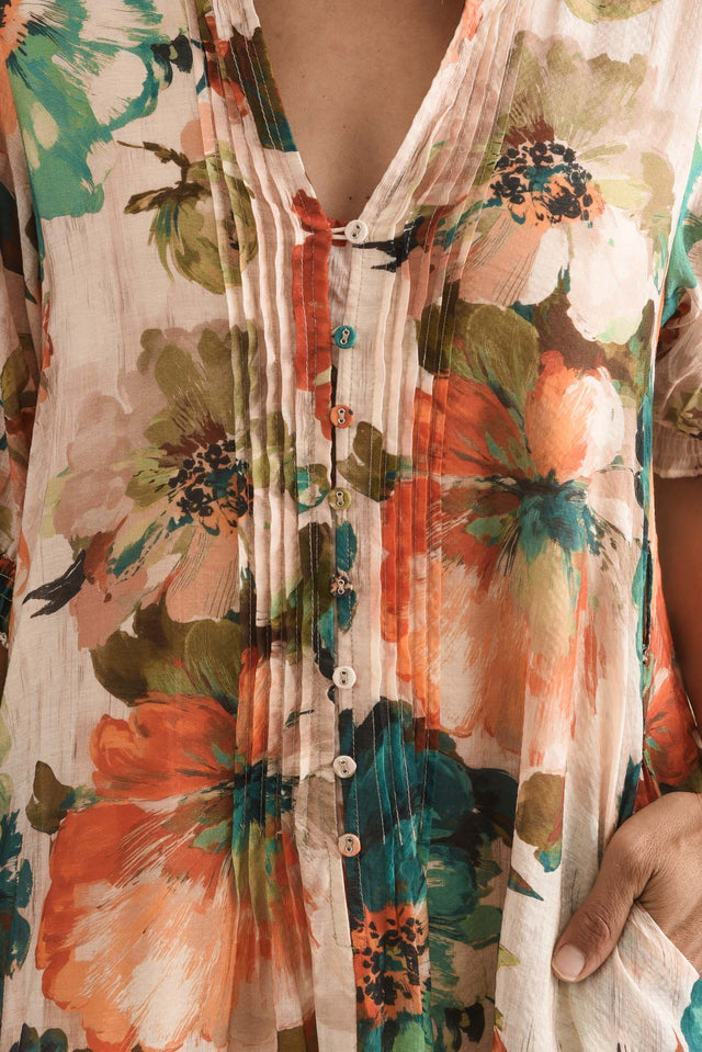 Kat Orange Flower Button Dress,Detail,Brunette model,alt text|model:Cara image 7