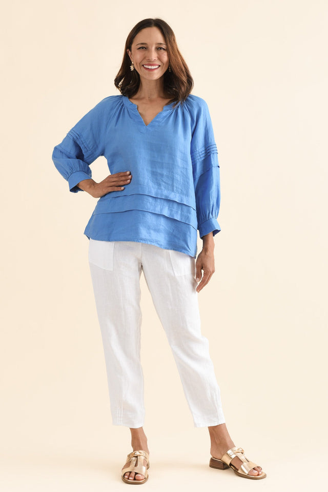 Kate Blue Linen Tiered Top,Full Body,Brunette model,alt text|model:Cara image 2