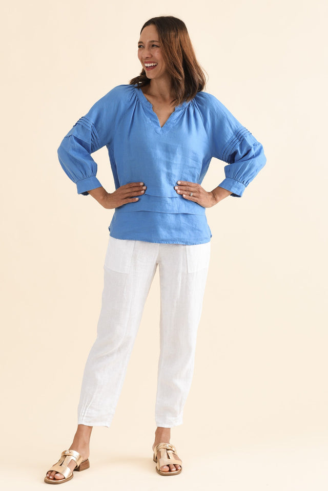 Kate Blue Linen Tiered Top,Full Body,Brunette model,alt text|model:Cara image 6
