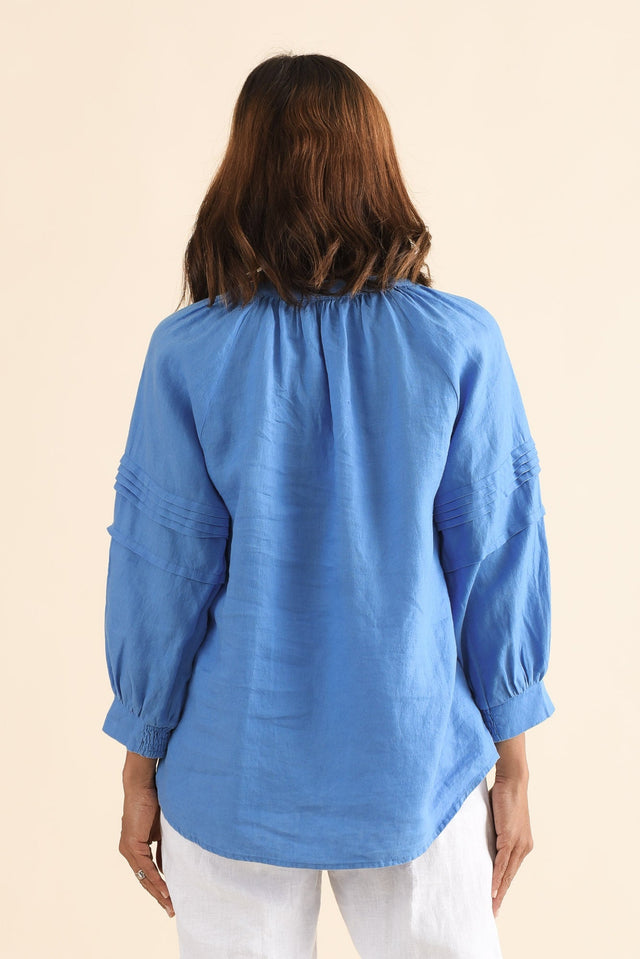 Kate Blue Linen Tiered Top,Back,Brunette model,alt text|model:Cara image 4
