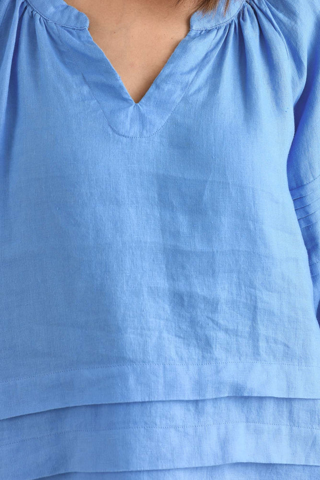 Kate Blue Linen Tiered Top,Detail,Brunette model,alt text|model:Cara image 5