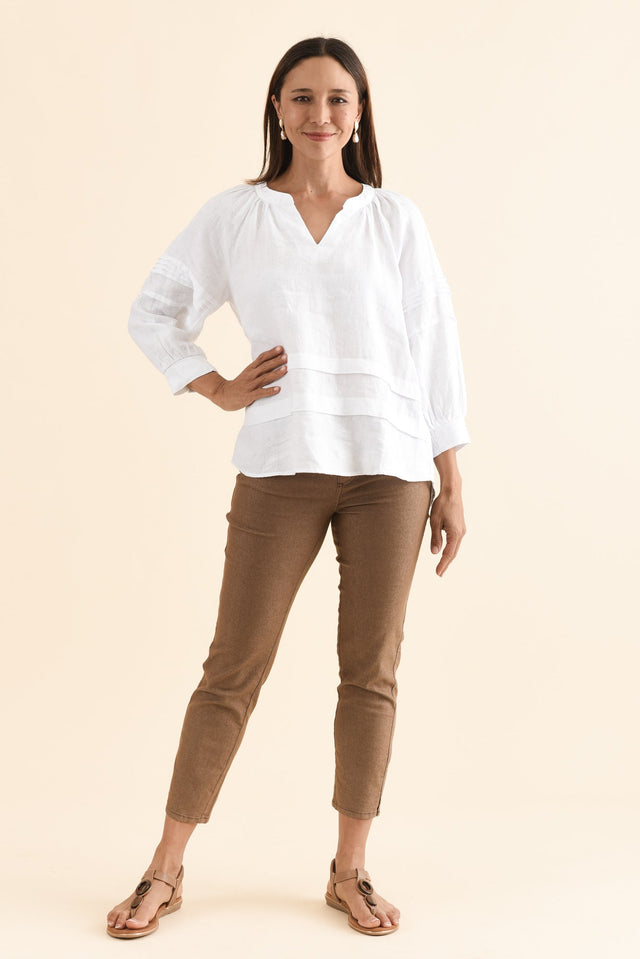 Kate White Linen Tiered Top,Full Body,Brunette model,alt text|model:Cara