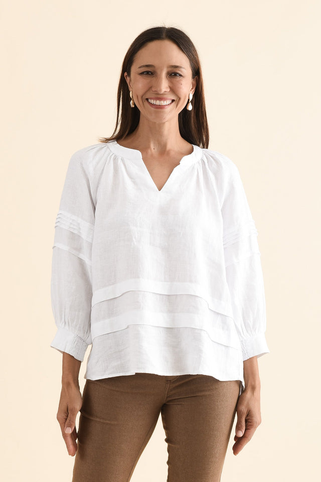 Kate White Linen Tiered Top,Front,Brunette model,alt text|model:Cara