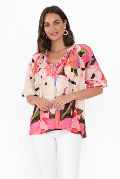 Kath Pink Floral Cotton Tie Top