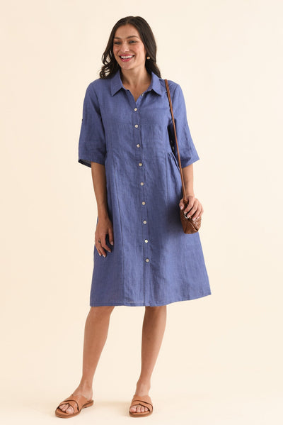 Kathy Blue Linen Shirt Dress