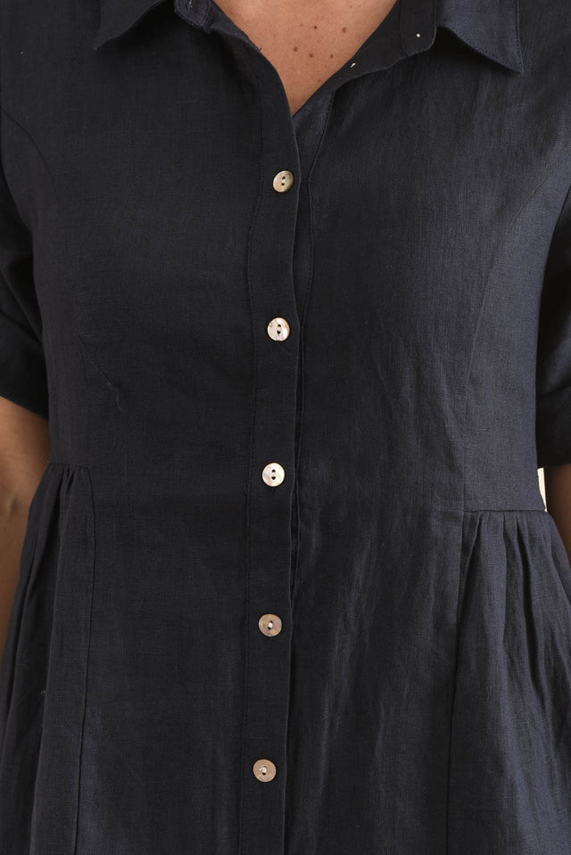 Kathy Navy Linen Shirt Dress,Detail,Brunette model,alt text|model:MJ image 5