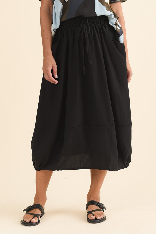Katie Black Drawstring Midi Skirt,Front,Brunette model,alt text|model:Laura image 1