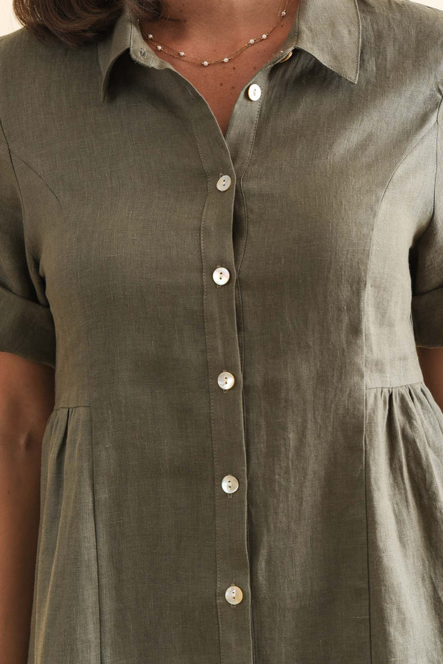 Katy Olive Linen Pocket Dress,Brunette model,alt text|model:MJ image 8