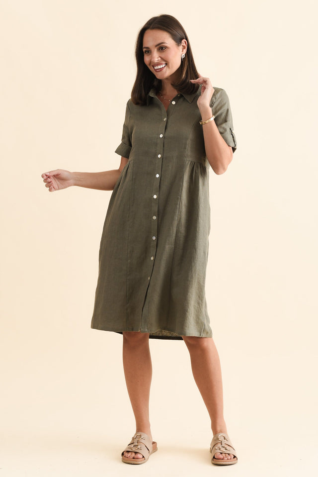 Katy Olive Linen Pocket Dress,Brunette model,alt text|model:MJ image 9