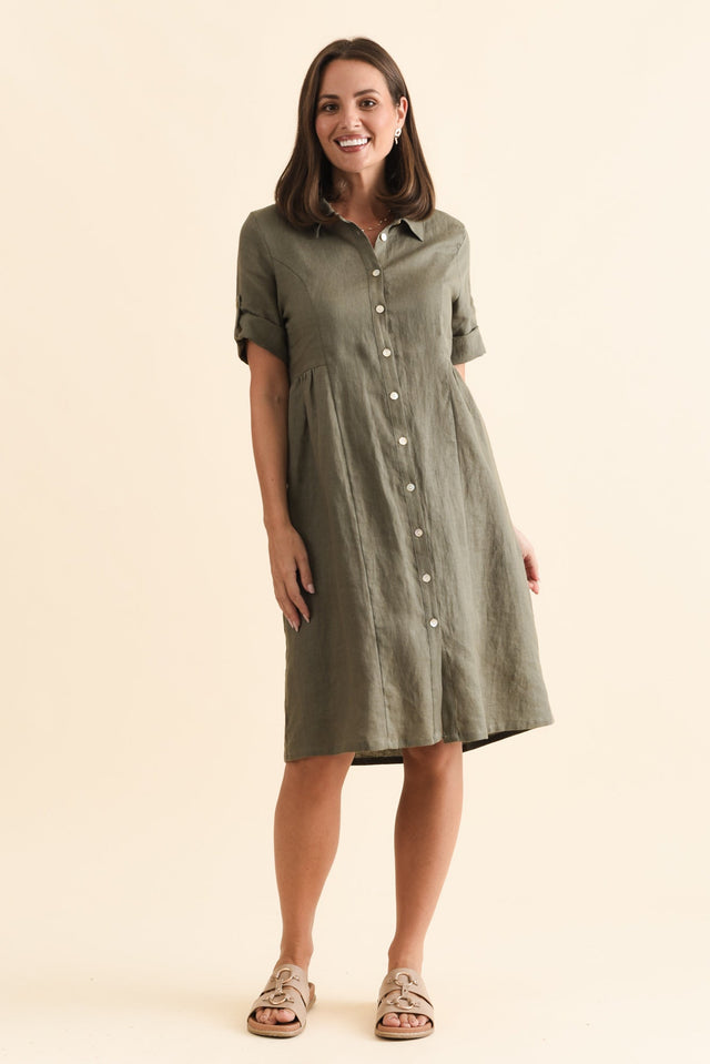 Katy Olive Linen Pocket Dress,Brunette model,alt text|model:MJ image 3