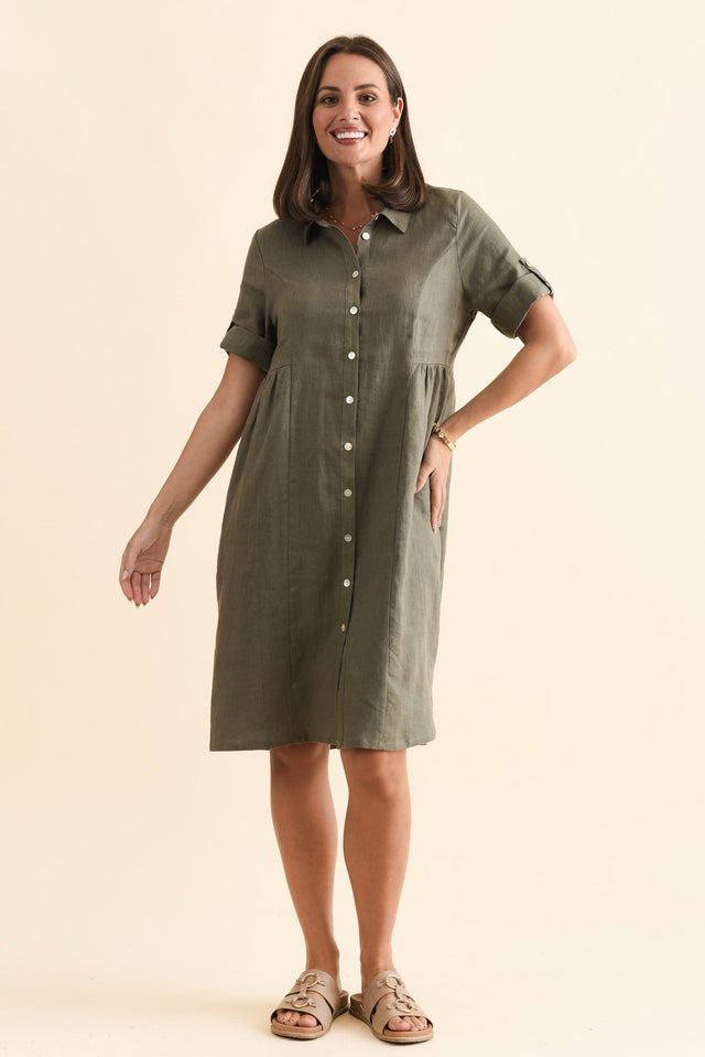 Katy Olive Linen Pocket Dress,Brunette model,alt text|model:MJ image 5