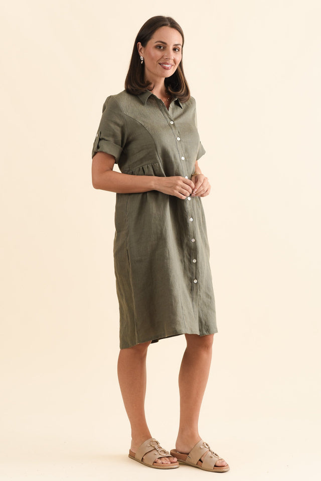 Katy Olive Linen Pocket Dress,Brunette model,alt text|model:MJ image 6