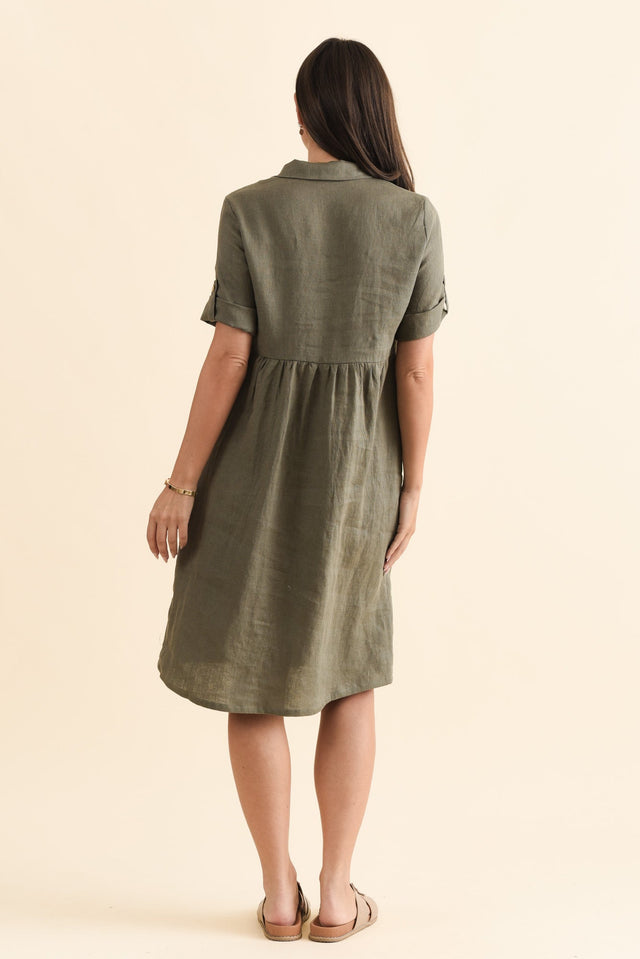 Katy Olive Linen Pocket Dress,Brunette model,alt text|model:MJ image 7