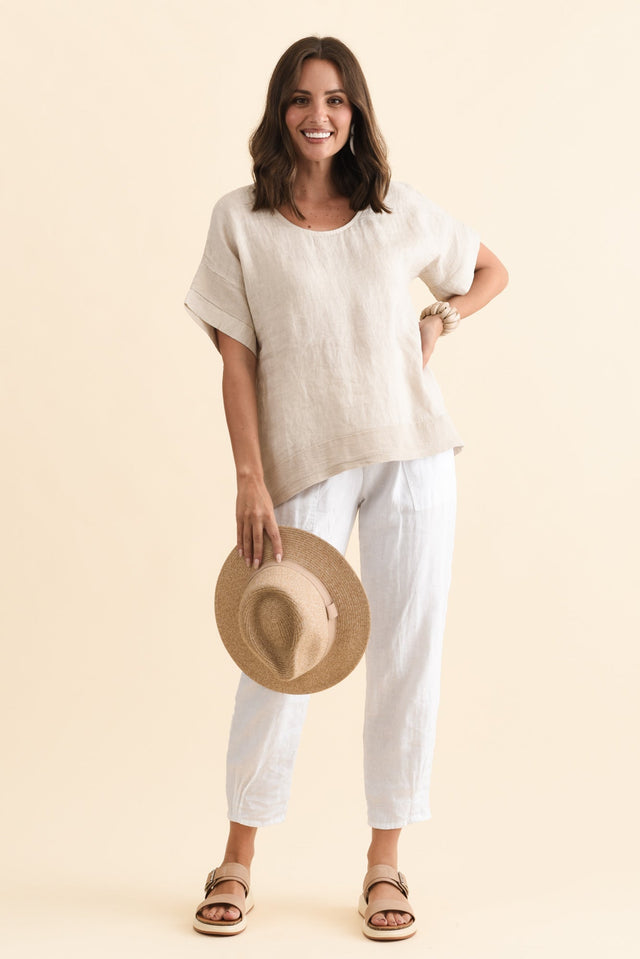 Kaya Beige Linen Top,Brunette model,alt text|model:MJ