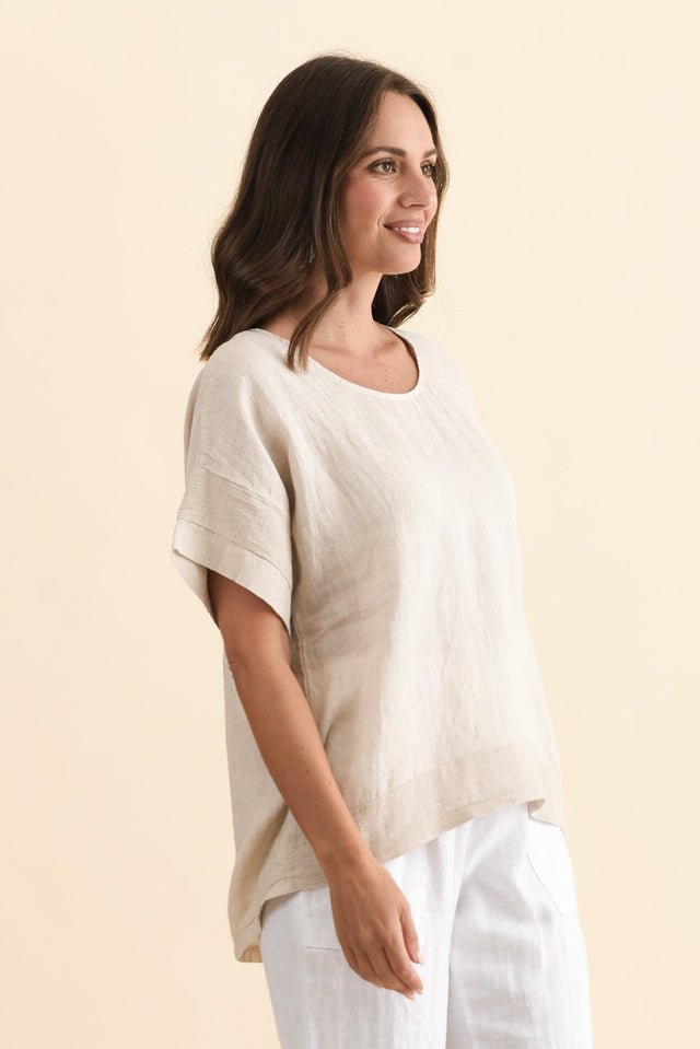 Kaya Beige Linen Top,Brunette model,alt text|model:MJ image 3