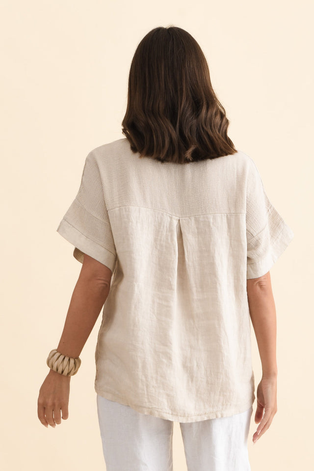 Kaya Beige Linen Top,Brunette model,alt text|model:MJ image 4