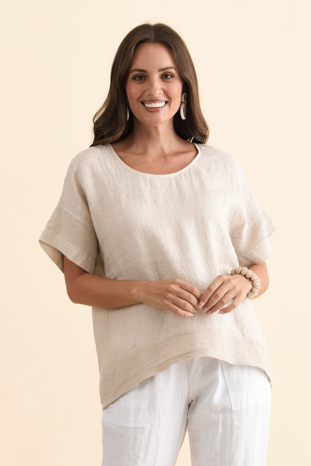 Kaya Beige Linen Top,Brunette model,alt text|model:MJ