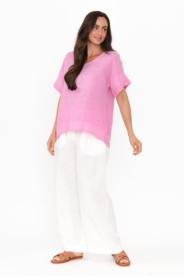Kaya Pink Linen Top,Brunette model,alt text|model:Elouise image 7