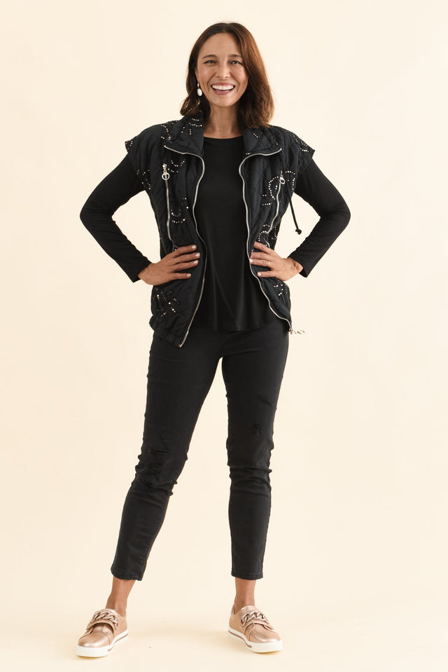 Kaylani Black Sequin Quilted Vest,Full Body,Brunette model,alt text|model:Cara image 3