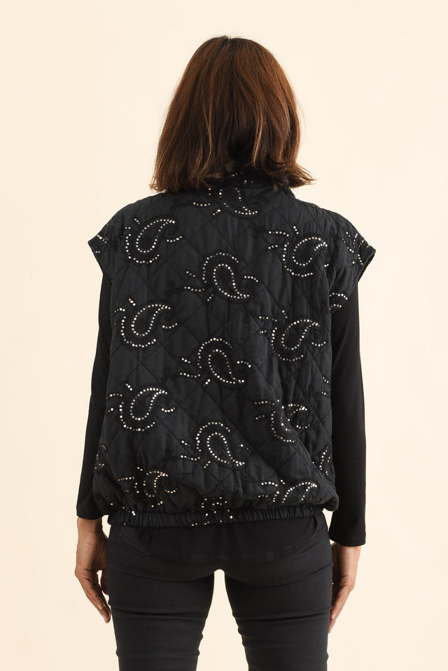 Kaylani Black Sequin Quilted Vest,Back,Brunette model,alt text|model:Cara image 5