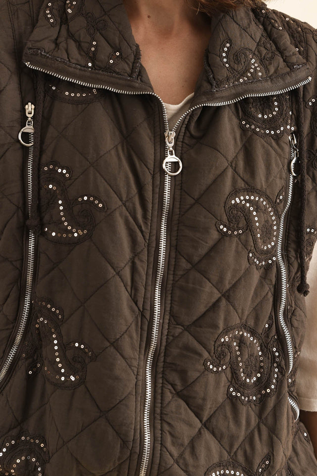 Kaylani Chocolate Sequin Quilted Vest,Detail,Brunette model,alt text|model:Cara image 7