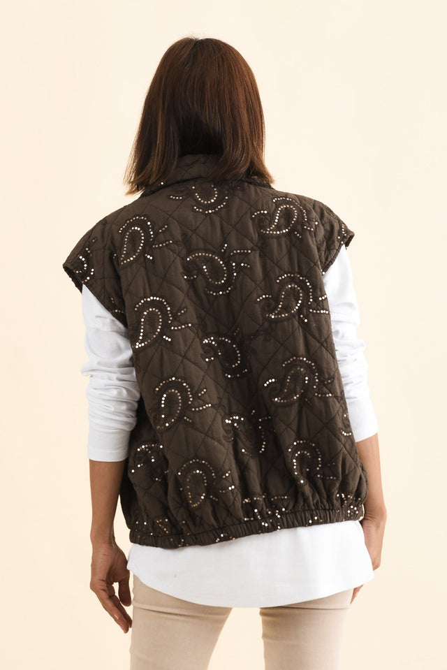 Kaylani Chocolate Sequin Quilted Vest,Brunette model,alt text|model:Cara image 5