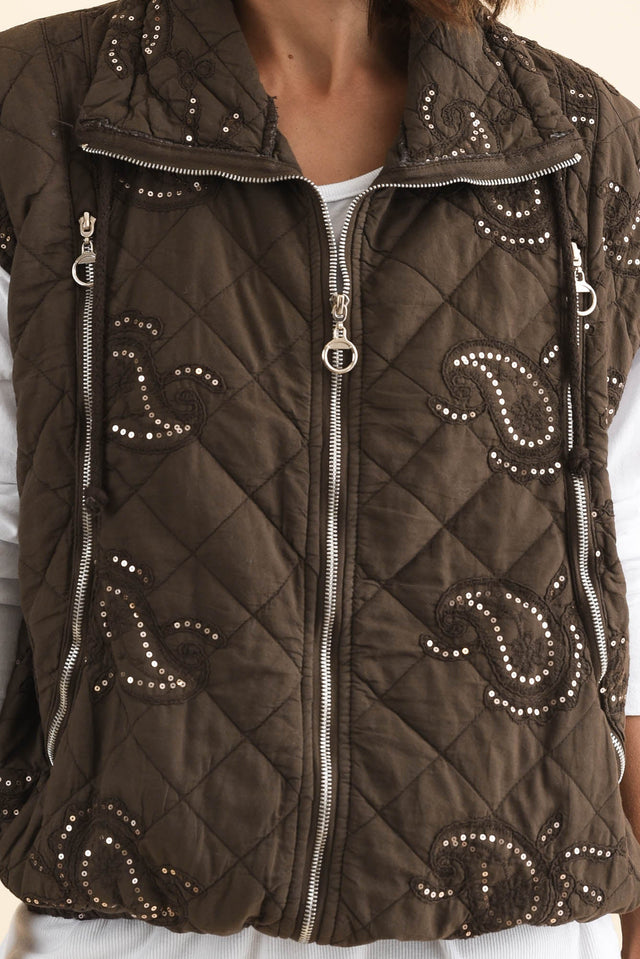 Kaylani Chocolate Sequin Quilted Vest,Brunette model,alt text|model:Cara image 6