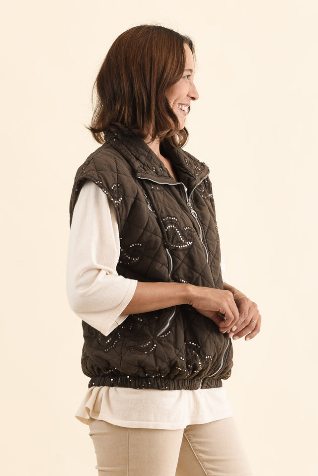 Kaylani Chocolate Sequin Quilted Vest,Side,Brunette model,alt text|model:Cara image 5