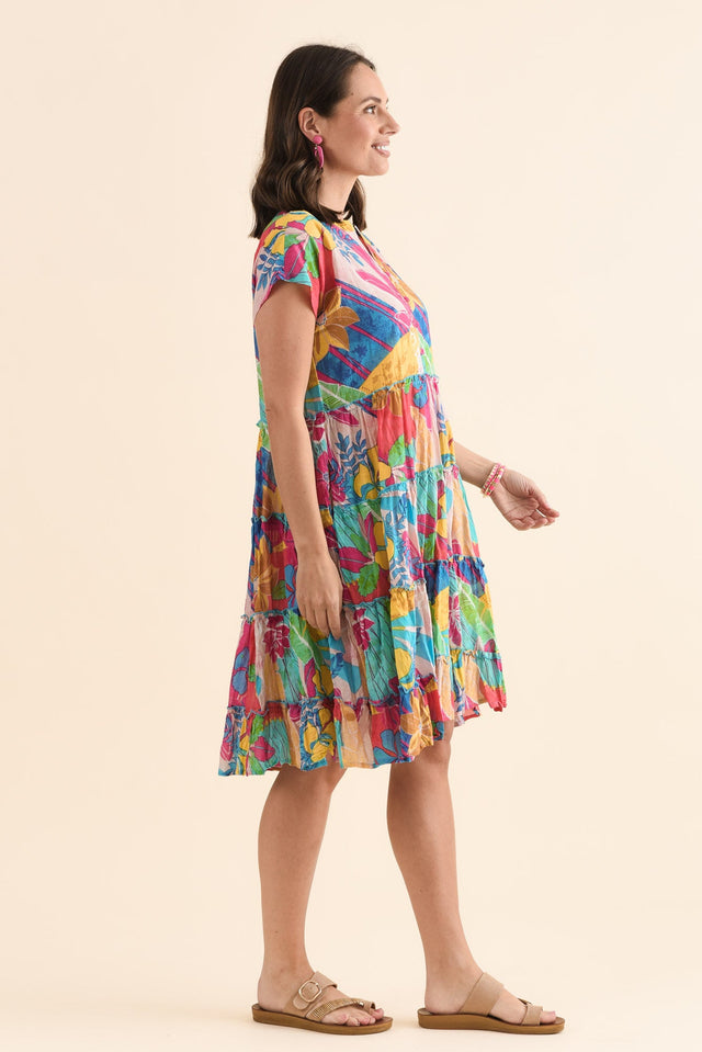 Kaylee Yellow Blossom Crinkle Cotton Dress,Side,Brunette model,alt text|model:MJ image 3