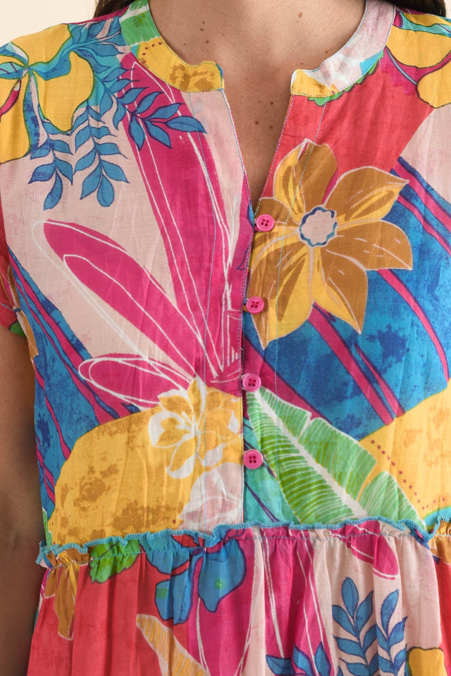 Kaylee Yellow Blossom Crinkle Cotton Dress,Detail,Brunette model,alt text|model:MJ image 5