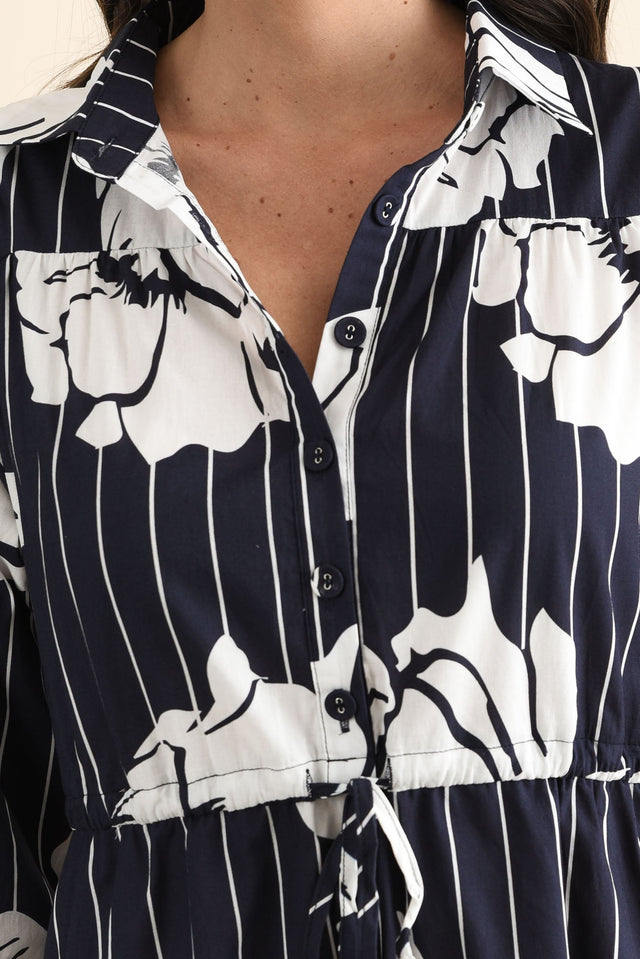 Keaton Navy Floral Stripe Tie Dress,brunette model,Close up of outfit,alt text|model:MJ image 5