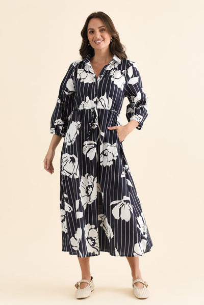 Keaton Navy Floral Stripe Tie Dress