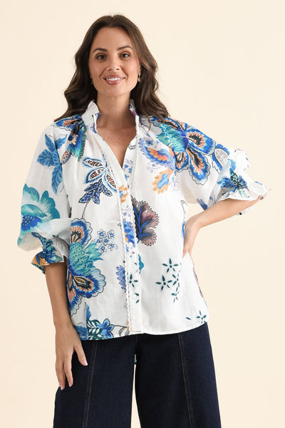 Kelis Blue Garden Linen Blend Shirt