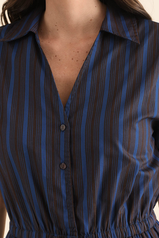Kellan Navy Stripe Cotton Poplin Dress,Detail,Brunette model,alt text|model:MJ image 5