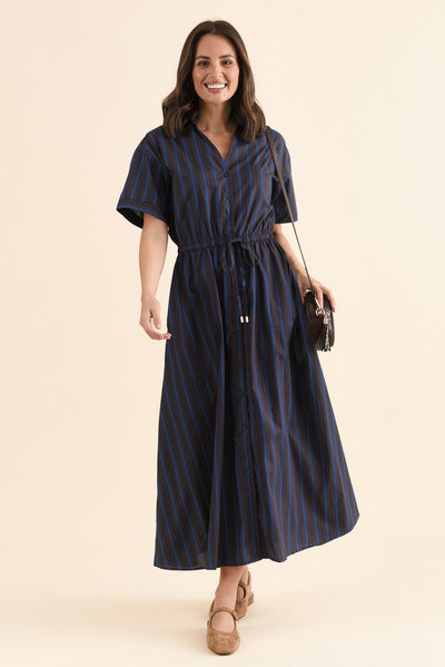 Kellan Navy Stripe Cotton Poplin Dress