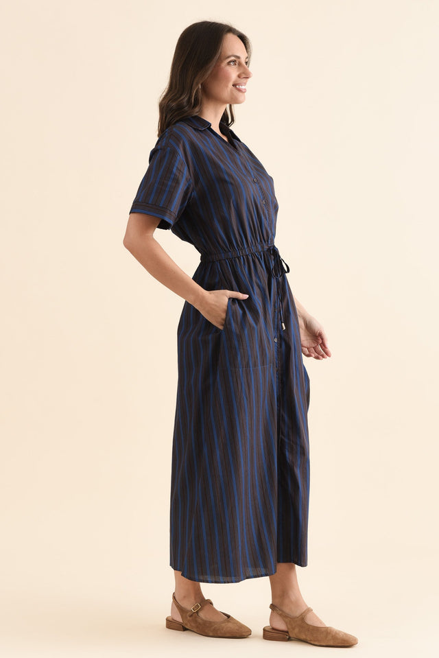 Kellan Navy Stripe Cotton Poplin Dress,Side,Brunette model,alt text|model:MJ image 3