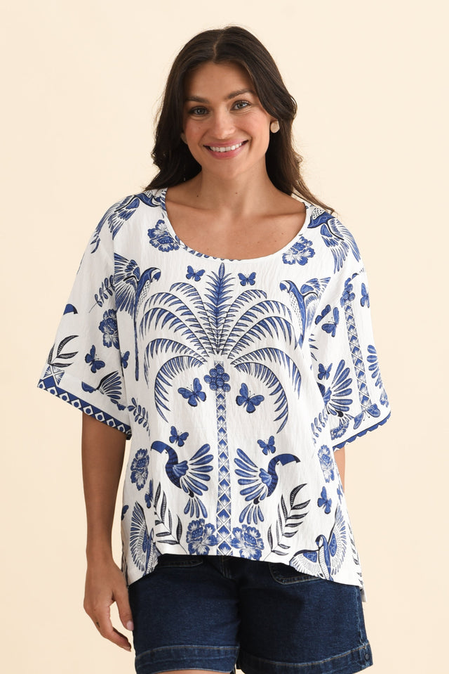 Kendria Blue Palm Batwing Top,Brunette model,alt text|model:Brontie
