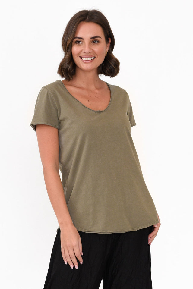 Khaki Cotton Fundamental Vee Tee alt text|model:MJ