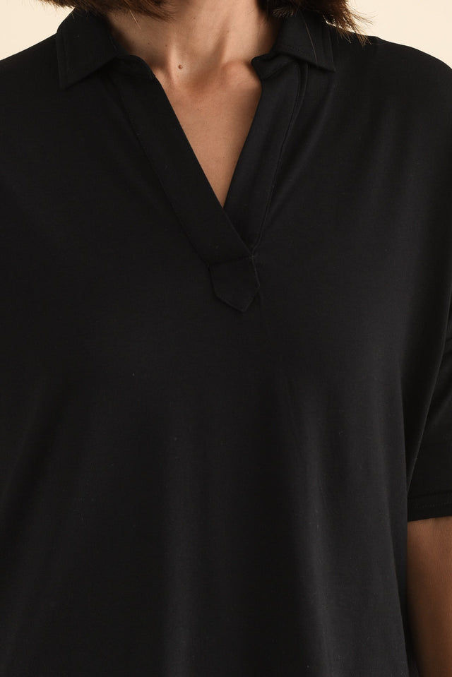Khan Black Collared Polo Top,Brunette model,alt text|model:Cara image 6