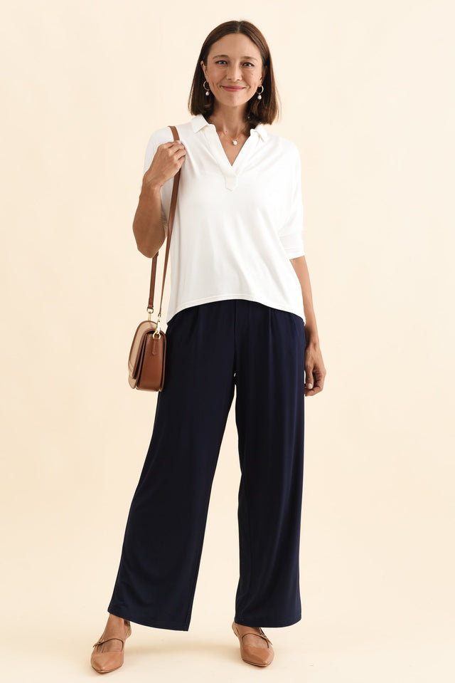 Billie Navy Bamboo Wide Leg Pants,Brunette model,alt text|model:Cara image 4