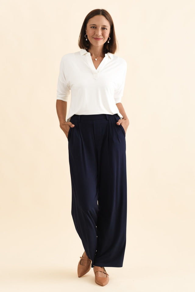 Billie Navy Bamboo Wide Leg Pants,Brunette model,alt text|model:Cara image 8